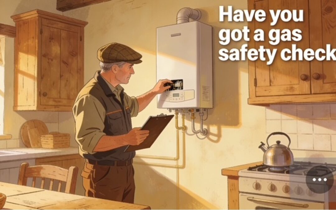 cartoon image of a man conducting a gas safety check on a kitchen boiler